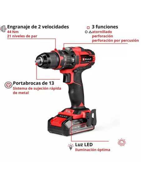 Taladro percutor a Batería EINHELL TE-CD 18/44 Li-i TE-CD - Batería y Cargador incluido