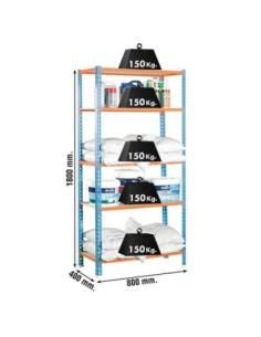 Estantería SIMONCLICK MaderClick Mini 5/400 azul/naranja/madera | Estantería sin tornillos con baldas de madera SimonRack