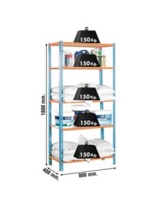Estantería SIMONCLICK MaderClick Mini 5/400 azul/naranja/madera | Estantería sin tornillos con baldas de madera SimonRack