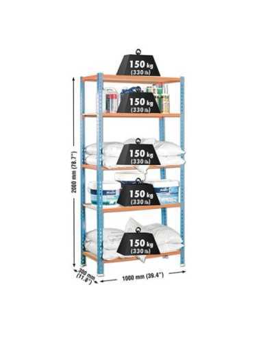 Estantería SIMONCLICK MaderClick Plus 5/300 azul/naranja/madera | Estantería sin tornillos con baldas de madera SimonRack
