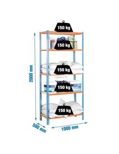 Estantería SIMONCLICK MaderClick Plus 5/500 azul/naranja/madera | Estantería sin tornillos con baldas de madera SimonRack
