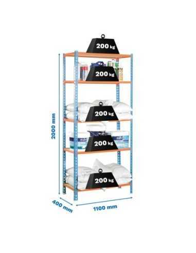 Estantería SIMONCLICK MaderClick Super Plus 5/400 azul/naranja/madera | Estantería sin tornillos con baldas de madera SimonRack
