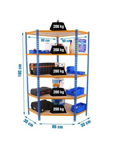 Estantería MaderClick Corner 5/300 1800 az/na/mad | Estantería sin tornillos con baldas de madera SimonRack