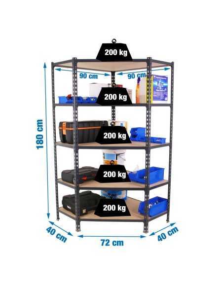 Estantería MaderClick Corner 5/400 1800 antracita/madera | Estantería sin tornillos con baldas de madera SimonRack