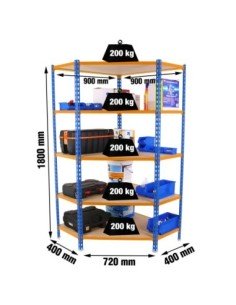 Estantería MaderClick Corner 5/400 1800 az/na/mad | Estantería sin tornillos con baldas de madera SimonRack
