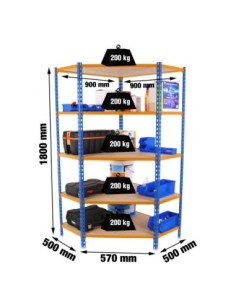 Estantería MaderClick Corner 5/500 1800 az/na/mad | Estantería sin tornillos con baldas de madera SimonRack