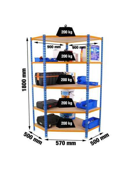 Estantería MaderClick Corner 5/500 1800 az/na/mad | Estantería sin tornillos con baldas de madera SimonRack
