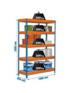 Estantería BRICOFORTE 1004-5 chipboard azul/naranja/madera | Estantería metálica sin tornillos para bricolaje y hogar