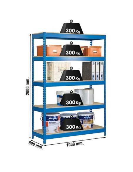 Estantería BRICOFORTE 1006-5 chipboard azul/madera | Estantería metálica sin tornillos para bricolaje y hogar