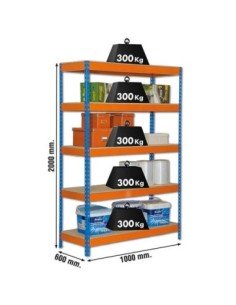 Estantería BRICOFORTE 1006-5 chipboard azul/naranja/madera | Estantería metálica sin tornillos para bricolaje y hogar