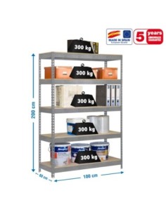 Estantería BRICOFORTE 1006-5 chipboard galvanizada/madera | Estantería metálica sin tornillos para bricolaje y hogar