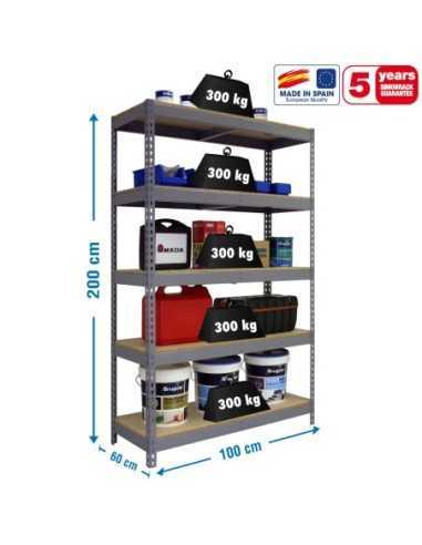 Estantería BRICOFORTE 1006-5 chipboard gris/madera | Estantería metálica sin tornillos para bricolaje y hogar