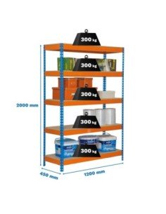 Estantería BRICOFORTE 1204-4 chipboard azul/naranja/madera | Estantería metálica sin tornillos para bricolaje y hogar