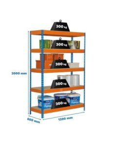 Estantería BRICOFORTE 1206-5 chipboard azul/naranja/madera | Estantería metálica sin tornillos para bricolaje y hogar