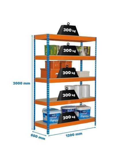 Estantería BRICOFORTE 1206-5 chipboard azul/naranja/madera | Estantería metálica sin tornillos para bricolaje y hogar