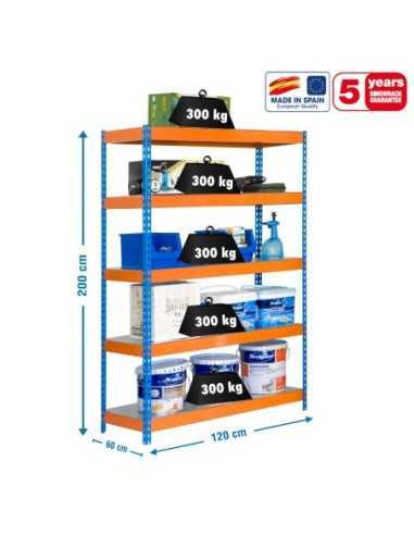 Estantería BRICOFORTE 1206-5 metal azul/naranja/galvanizada | Estantería metálica sin tornillos para bricolaje y hogar
