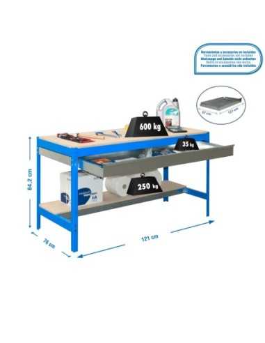 Mesa de Trabajo SIMONWORK BT 0 box 1200 azul/madera | Mesa de trabajo SimonRack profesional y resistente