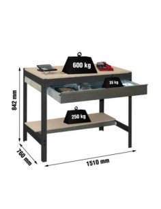 Mesa de Trabajo SIMONWORK BT 0 box 1500 antracita/madera | Mesa de trabajo SimonRack profesional y resistente