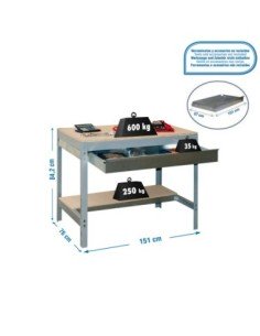 Mesa de Trabajo SIMONWORK BT 0 box 1500 gris/madera | Mesa de trabajo SimonRack profesional y resistente