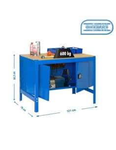 Mesa de Trabajo SIMONWORK BT 0 cabinet 1200 azul/madera | Mesa de trabajo SimonRack profesional y resistente