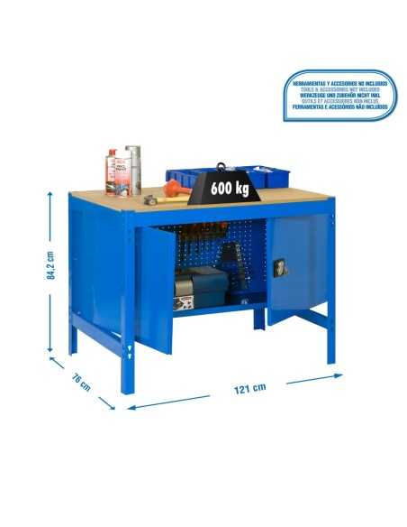 Mesa de Trabajo SIMONWORK BT 0 cabinet 1200 azul/madera | Mesa de trabajo SimonRack profesional y resistente