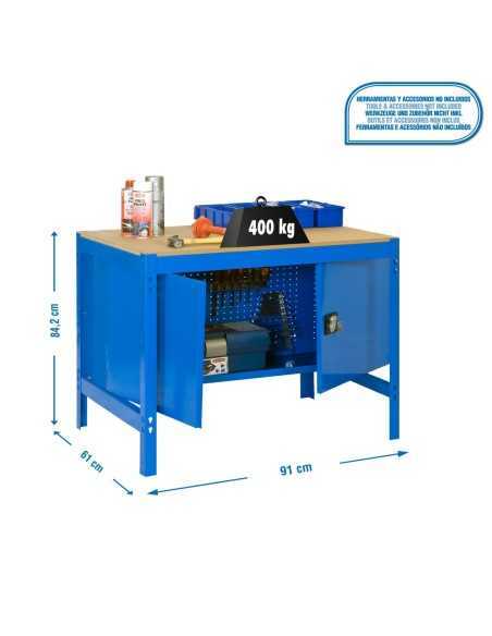 Mesa de Trabajo SIMONWORK BT 0 cabinet 900 azul/madera | Mesa de trabajo SimonRack profesional y resistente