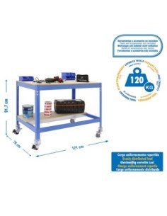 Mesa de Trabajo SIMONWORK con Ruedas BT 0 1200 azul/madera | Mesa de trabajo SimonRack profesional y resistente