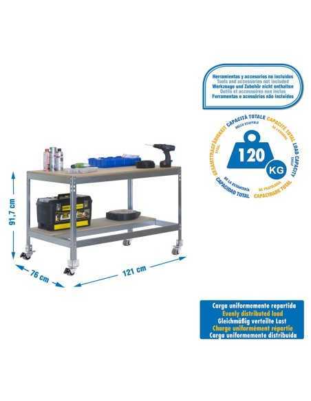 Mesa de Trabajo SIMONWORK con Ruedas BT 0 1200 galva/madera | Mesa de trabajo SimonRack profesional y resistente