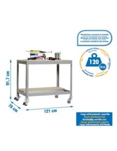 Mesa de Trabajo SIMONWORK con Ruedas BT 0 1200 gris/madera | Mesa de trabajo SimonRack profesional y resistente