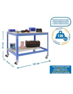 Mesa de Trabajo SIMONWORK con Ruedas BT 0 1500 azul/madera | Mesa de trabajo SimonRack profesional y resistente