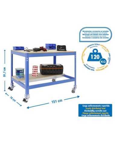 Mesa de Trabajo SIMONWORK con Ruedas BT 0 1500 azul/madera | Mesa de trabajo SimonRack profesional y resistente