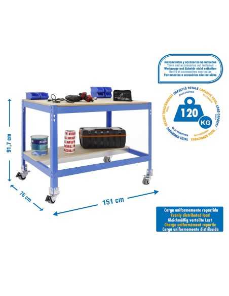 Mesa de Trabajo SIMONWORK con Ruedas BT 0 1500 azul/madera | Mesa de trabajo SimonRack profesional y resistente