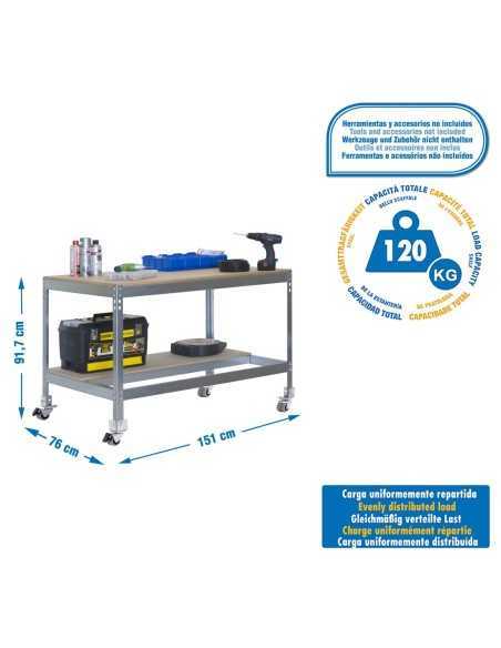 Mesa de Trabajo SIMONWORK con Ruedas BT 0 1500 galva/madera | Mesa de trabajo SimonRack profesional y resistente