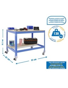 Mesa de Trabajo SIMONWORK con Ruedas BT 0 900 azul/madera | Mesa de trabajo SimonRack profesional y resistente