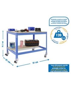 Mesa de Trabajo SIMONWORK con Ruedas BT 0 900 azul/madera | Mesa de trabajo SimonRack profesional y resistente
