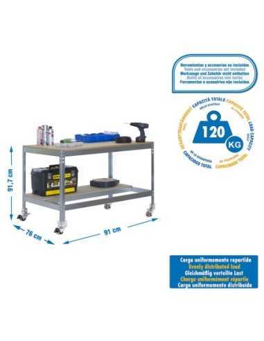 Mesa de Trabajo SIMONWORK con Ruedas BT 0 900 galva/madera | Mesa de trabajo SimonRack profesional y resistente