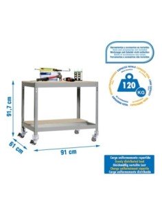 Mesa de Trabajo SIMONWORK con Ruedas BT 0 900 gris/madera | Mesa de trabajo SimonRack profesional y resistente