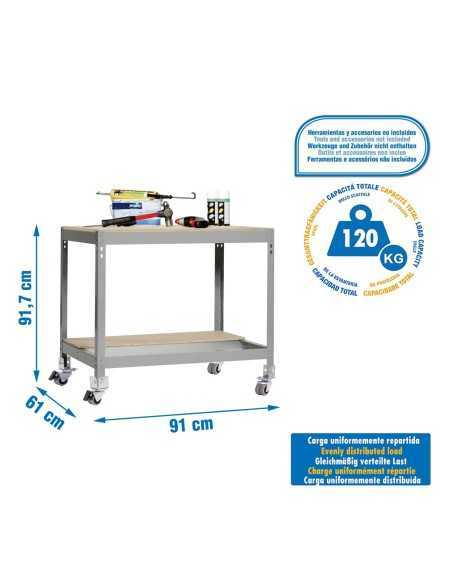 Mesa de Trabajo SIMONWORK con Ruedas BT 0 900 gris/madera | Mesa de trabajo SimonRack profesional y resistente