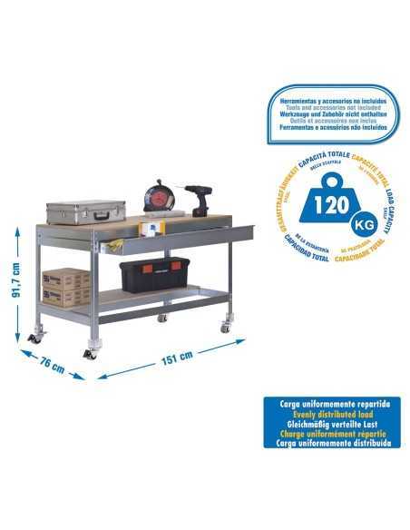 Mesa de Trabajo SIMONWORK con Ruedas BT 0 box 1500 galva/madera | Mesa de trabajo SimonRack profesional y resistente