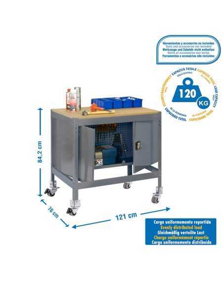 Mesa de Trabajo SIMONWORK con Ruedas BT 0 cabinet 1200 gris/madera | Mesa de trabajo SimonRack profesional y resistente