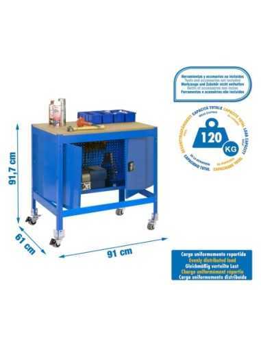 Mesa de Trabajo SIMONWORK con Ruedas BT 0 cabinet 900 azul/madera | Mesa de trabajo SimonRack profesional y resistente