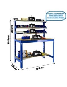 Mesa de Trabajo SIMONWORK BT 1 1500 azul/madera | Mesa de trabajo SimonRack profesional y resistente