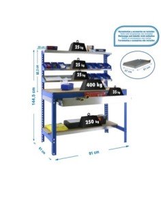 Mesa de Trabajo SIMONWORK BT 1 box 900 azul/madera | Mesa de trabajo SimonRack profesional y resistente