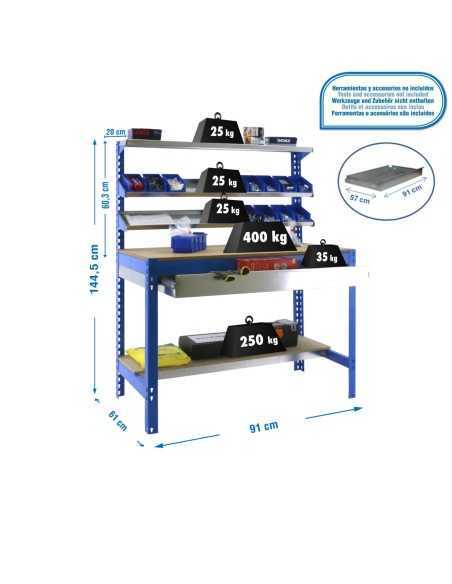 Mesa de Trabajo SIMONWORK BT 1 box 900 azul/madera | Mesa de trabajo SimonRack profesional y resistente