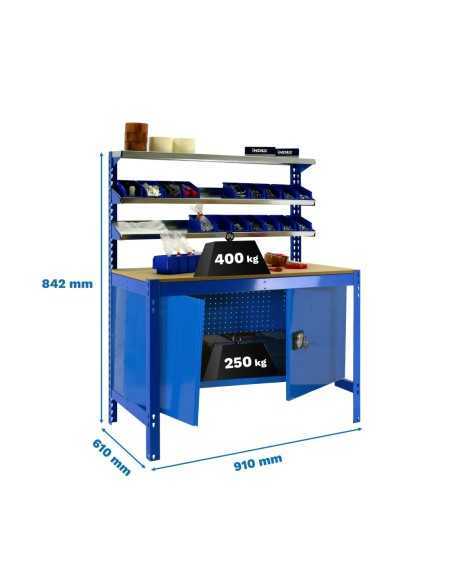 Mesa de Trabajo SIMONWORK BT 1 cabinet 900 azul/madera | Mesa de trabajo SimonRack profesional y resistente