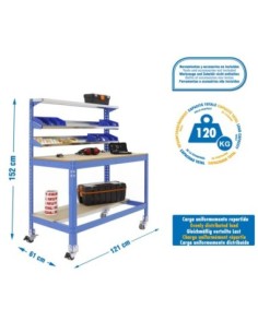 Mesa de Trabajo SIMONWORK con Ruedas BT 1 1200 azul/madera | Mesa de trabajo SimonRack profesional y resistente
