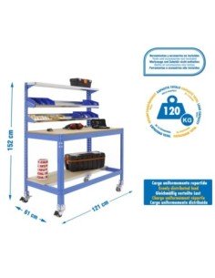 Mesa de Trabajo SIMONWORK con Ruedas BT 1 1200 azul/madera | Mesa de trabajo SimonRack profesional y resistente