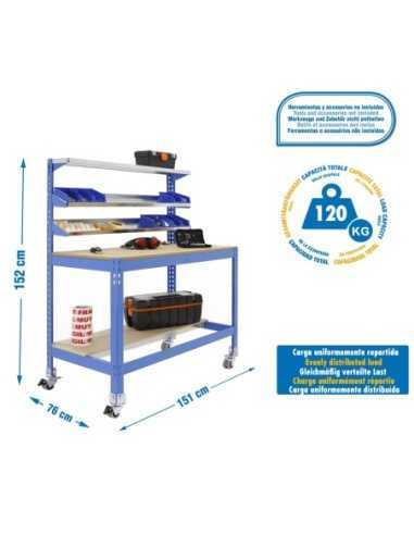 Mesa de Trabajo SIMONWORK con Ruedas BT 1 1500 azul/madera | Mesa de trabajo SimonRack profesional y resistente