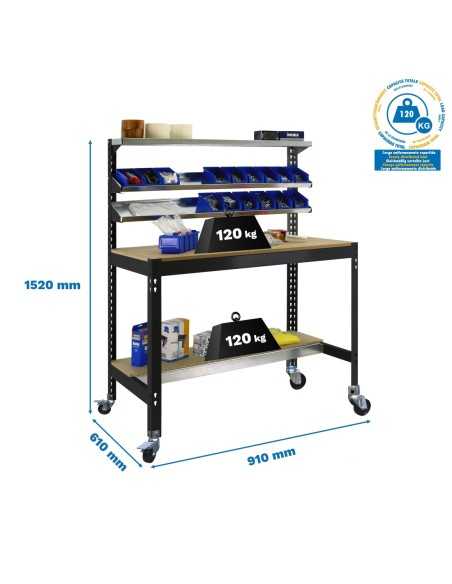 Mesa de Trabajo SIMONWORK con Ruedas BT 1 900 antracita/madera | Mesa de trabajo SimonRack profesional y resistente