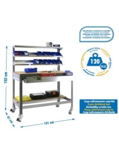 Mesa de Trabajo SIMONWORK con Ruedas BT 1 box 1200 gris/madera | Mesa de trabajo SimonRack profesional y resistente